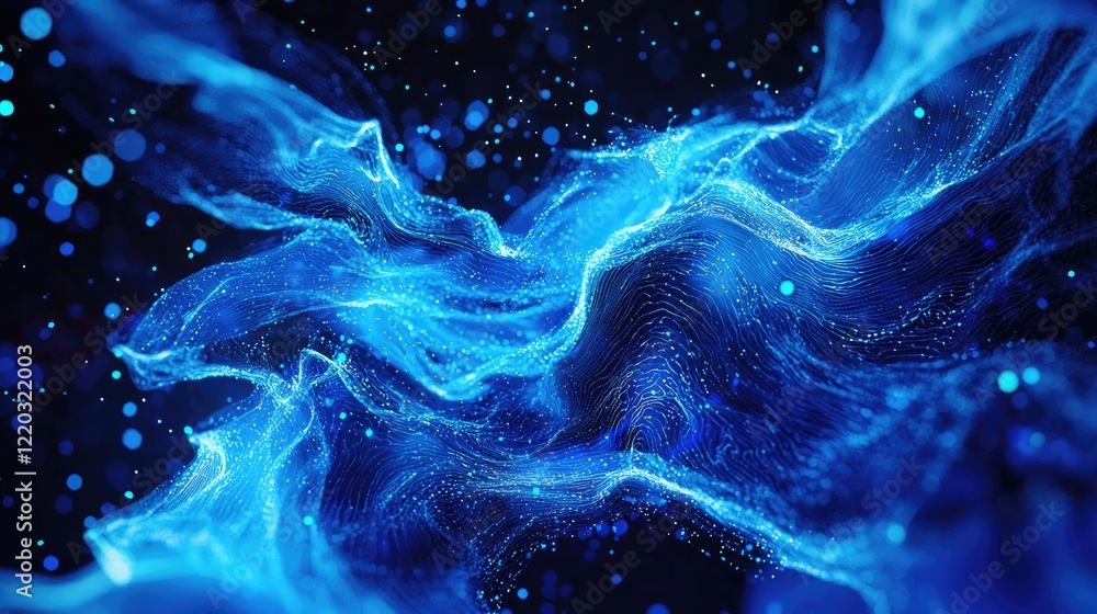 Poster This abstract digital background features dynamic glowing lines and dots in blue, symbolizing the concepts of technology, connectivity, and modern design in a digital lan