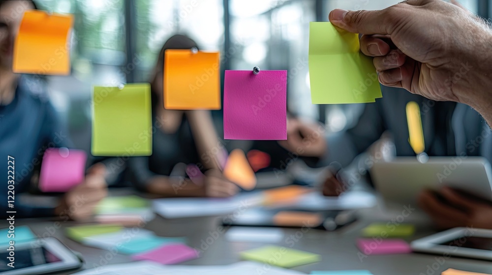 Leinwandbilder Team members actively engage in a collaborative brainstorming session, utilizing sticky notes to generate innovative ideas in a modern office space. Dynamic interaction p
