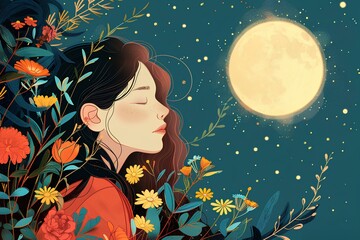 A woman standing in front of a full moon