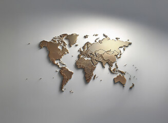A bronze world map, embossed and mounted on a light gray wall, is subtly illuminated from above, casting a soft glow.  The continents are detailed, creating a sense of global perspective.