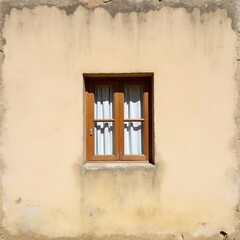 A rustic wooden window set in a pale, textured wall. Simple, elegant, and inviting.