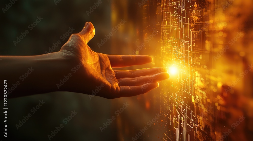Poster A hand reaching towards a glowing point symbolizes the interaction between humans and technology, illustrating themes of digital connectivity and innovation in a modern c