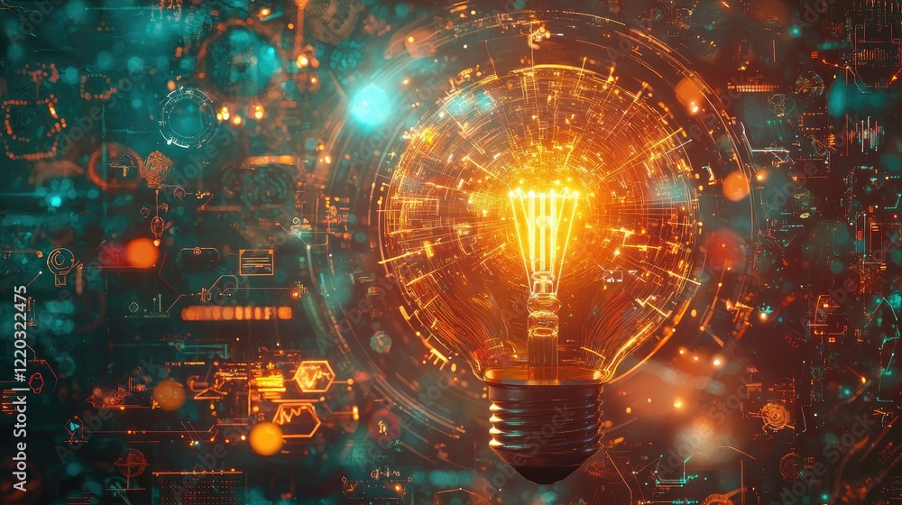 Poster a captivating image featuring an illuminated light bulb surrounded by various creative symbols and i