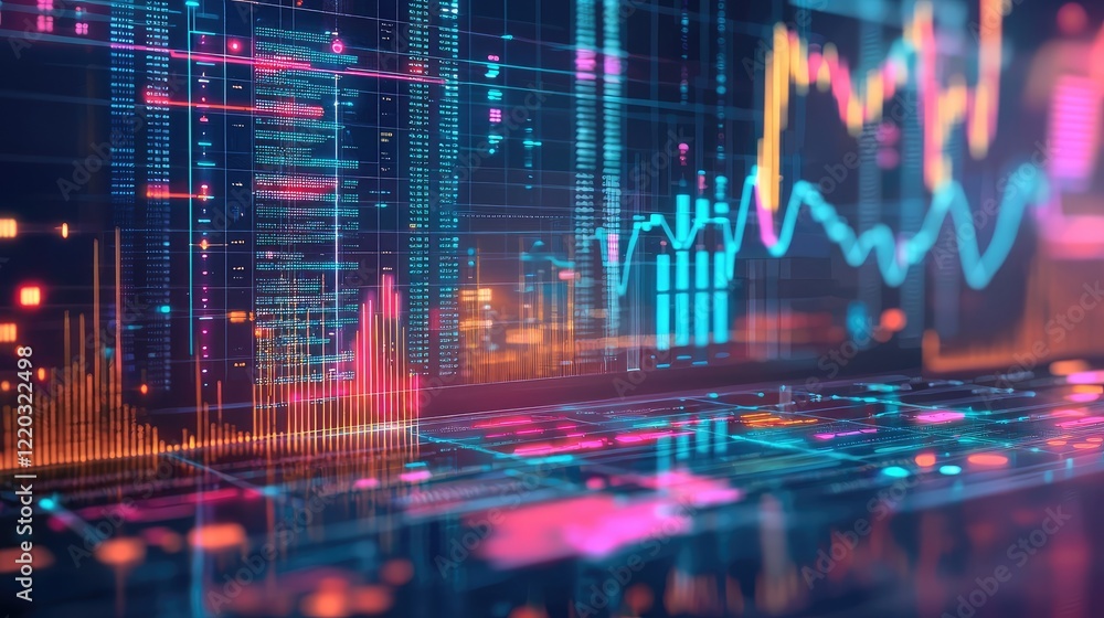 Poster This digital artwork depicts a futuristic data interface featuring geometric shapes and various graphs, perfect for technology and innovation themes in science fiction.