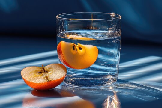 Half Apple Floating in Glass of Water with Moody Blue Background