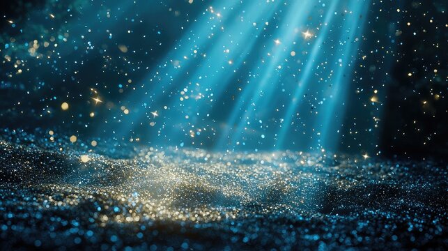 A stunning display of glowing blue light rays accompanied by sparkling particles sets a mystical tone. Perfect for abstract art and design projects needing a sense of dep