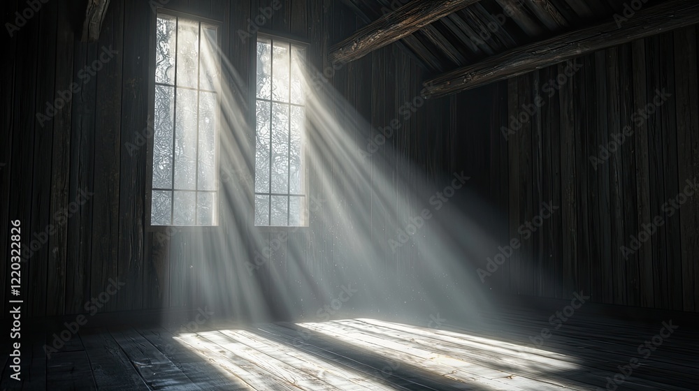 Poster A captivating image of soft light shining into a dark wooden room, creating beams and shadows that enhance the serene atmosphere and perfect for artistic expression.