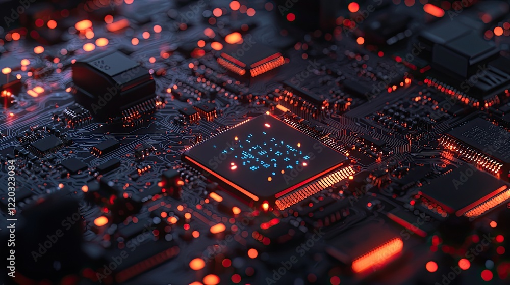 Poster This image portrays a detailed close-up of an electronic circuit board with microchips and reflective blue light, showcasing advanced technology and intricate design.