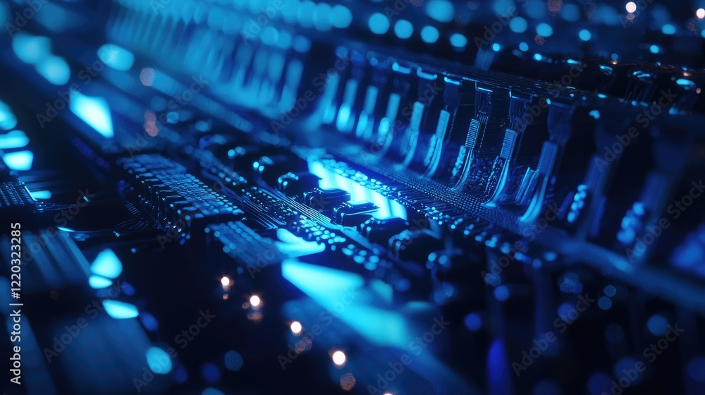 Poster This image portrays a detailed close-up of an electronic circuit board with microchips and reflective blue light, showcasing advanced technology and intricate design.