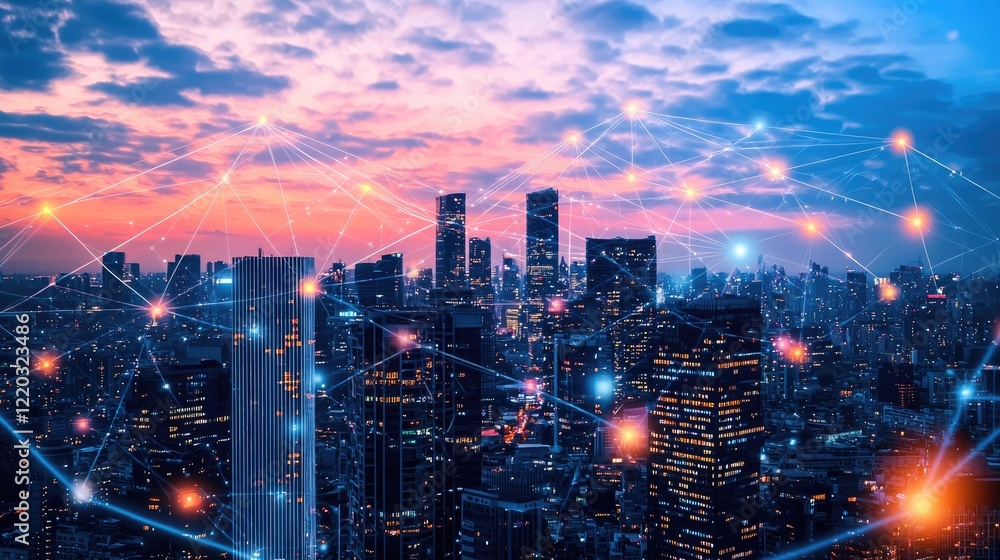Poster a stunning view of a futuristic city skyline at dusk, showcasing digital connectivity lights that sy