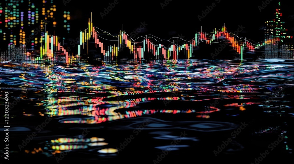 Poster This illustration showcases a dynamic stock market graph featuring colorful candlestick patterns, analytical indicators, and stunning visual effects on a dark backdrop.