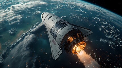 Fototapeta premium 3D render of a space shuttle in orbit a rocket launch on galaxy