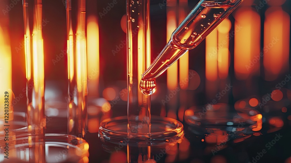 Poster a captivating image showcasing a pipette dropping liquid into a row of glass test tubes, symbolizing