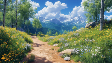 Obraz premium Serene Mountain Meadow Landscape With Wildflowers And Hiking Trail