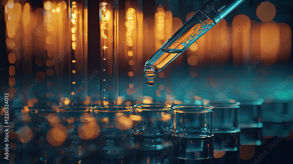Poster A captivating image showcasing a pipette dropping liquid into a row of glass test tubes, symbolizing scientific research and experimentation in a laboratory setting.