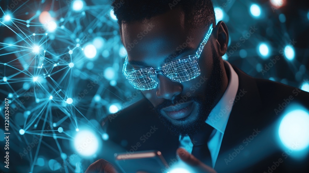 Poster A businessman interacts with a smartphone displaying virtual network icons, highlighting digital trends and modern communication methods in a connected environment.