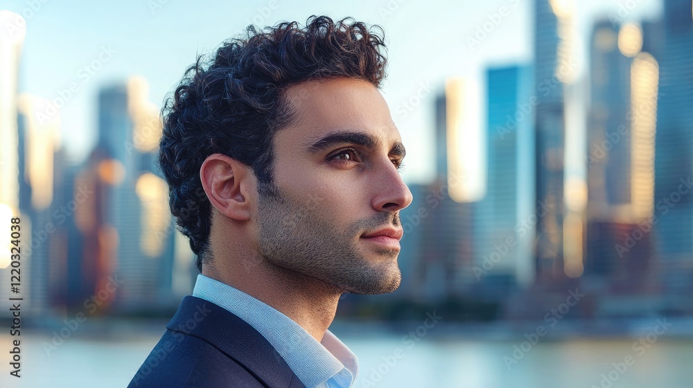 Poster a profile view of a thoughtful professional man overlaid with a vibrant city skyline, symbolizing am