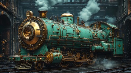 Obraz premium Teal and Gold Steam Locomotive in Industrial Setting