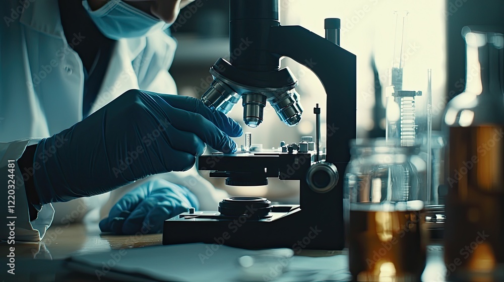 Poster professional scientist in blue gloves adjusts microscope for detailed observation in a laboratory, e