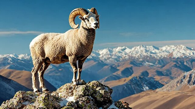 A ram stands majestically on a rocky outcrop with snowy mountains in the background.