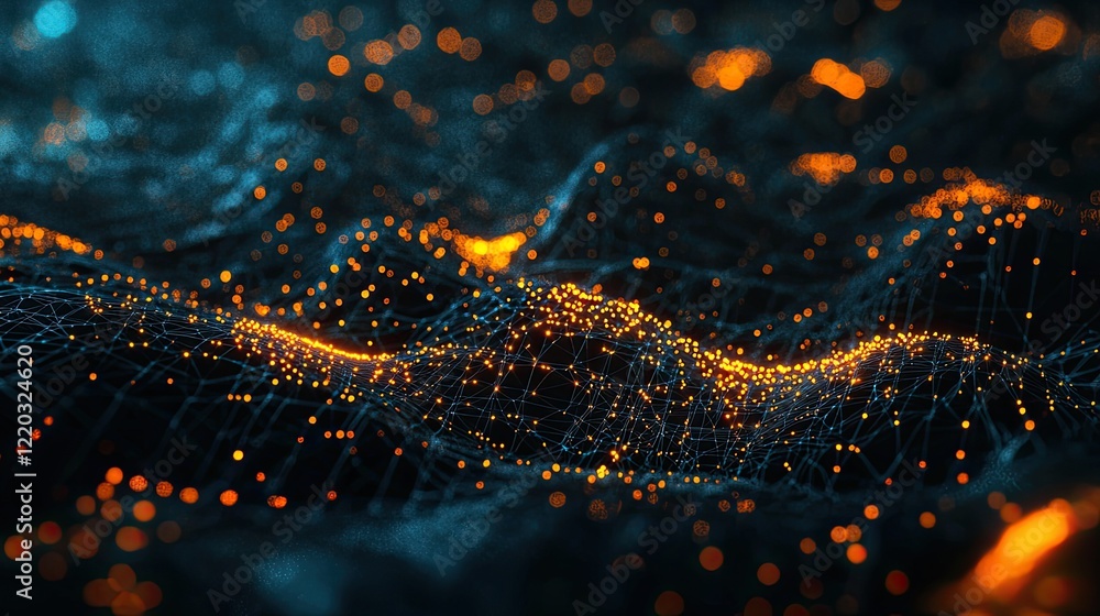 Poster An abstract digital network visualization showcasing interconnected nodes and bright points against a dark background, symbolizing technology, data, and connectivity in m