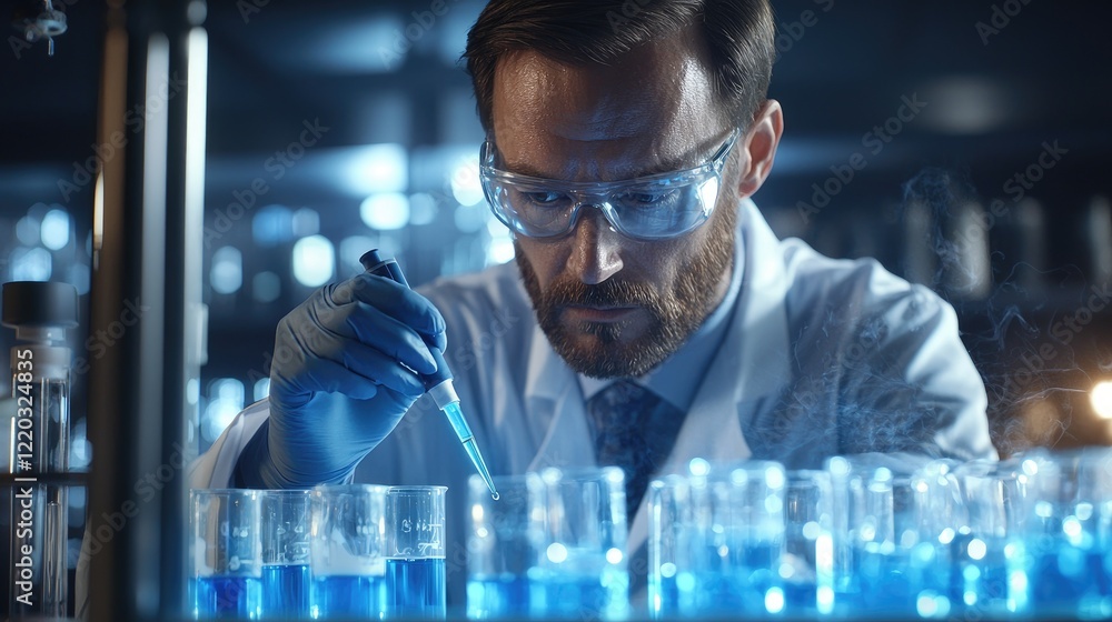 Leinwandbilder a focused scientist prepares for experimentation in a modern laboratory by using a pipette to transf