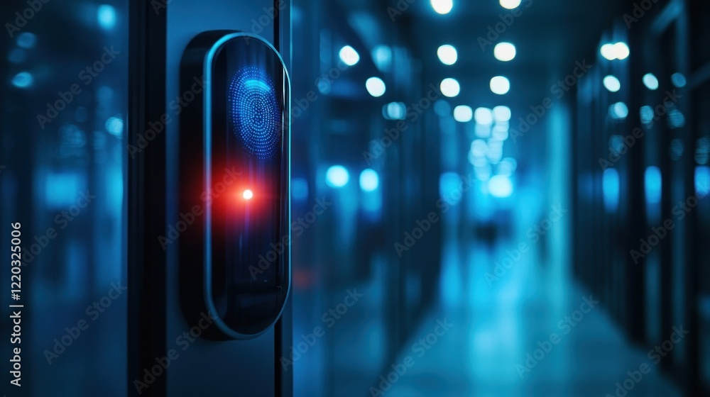Poster a futuristic fingerprint scanner glows with a red light against a background of server lights