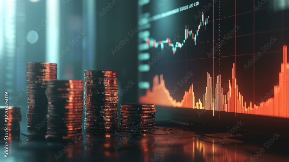 Poster a modern representation of financial growth featuring stacks of coins alongside upward-trending grap