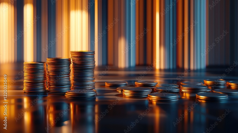 Poster a modern representation of financial growth featuring stacks of coins alongside upward-trending grap