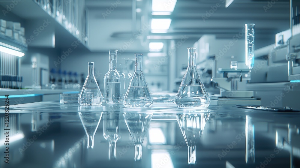 Aufkleber a modern laboratory scene featuring various glassware containing clear liquid, emphasizing cleanline