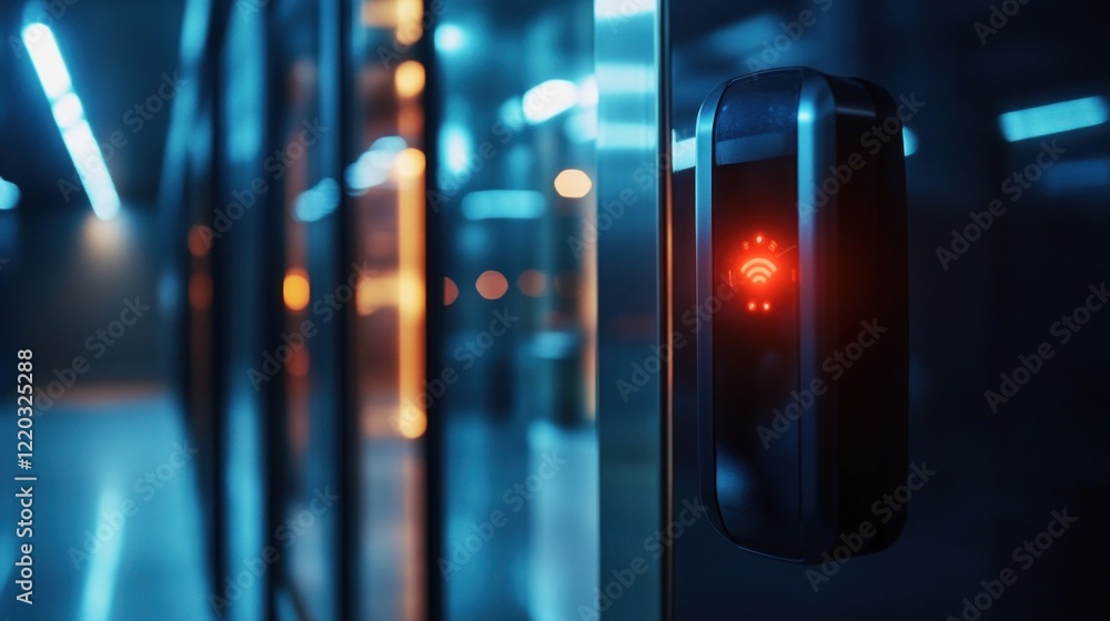 Poster futuristic smart access control terminal with red indicator light and blurred background
