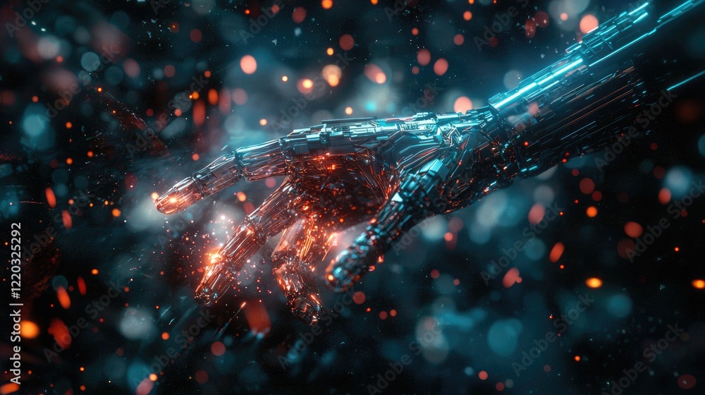 Fototapete captivating image showcasing the interaction between a human hand and a robotic hand in a digital sp