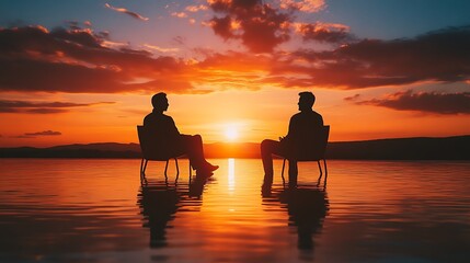 Obraz premium Two people engage in meaningful conversation as the sun sets over a tranquil lake.