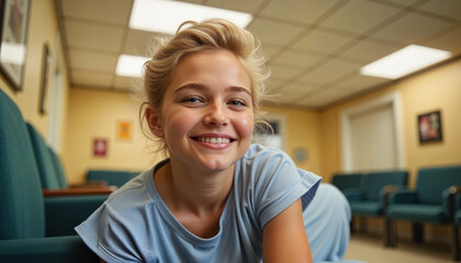 Fototapeta premium Smiling young girl in casual clothing sitting in a waiting room
