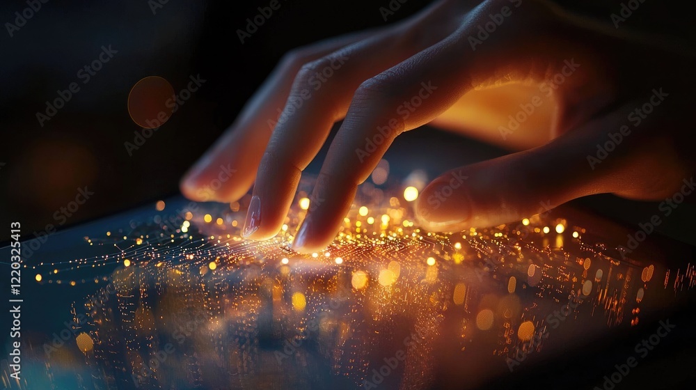 Leinwandbilder A close-up view of a person s hand using a tablet, showcasing dynamic business growth concepts with digital icons and metrics for startups and innovation strategies.