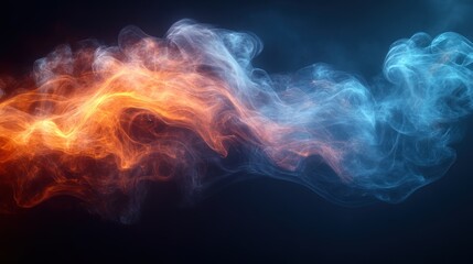 Abstract artwork of flowing vibrant smoke, a mesmerizing blend of cool blue and fiery orange hues. The colors intertwine, creating a dynamic visual spectacle.