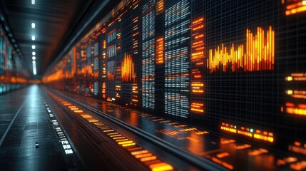 Futuristic Data Stream: High-Tech Digital Screens with Vibrant Orange Analytics