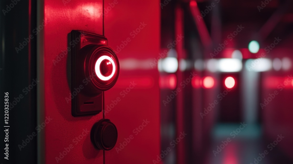 Poster close up view of a door access control with a red light, in a red environment