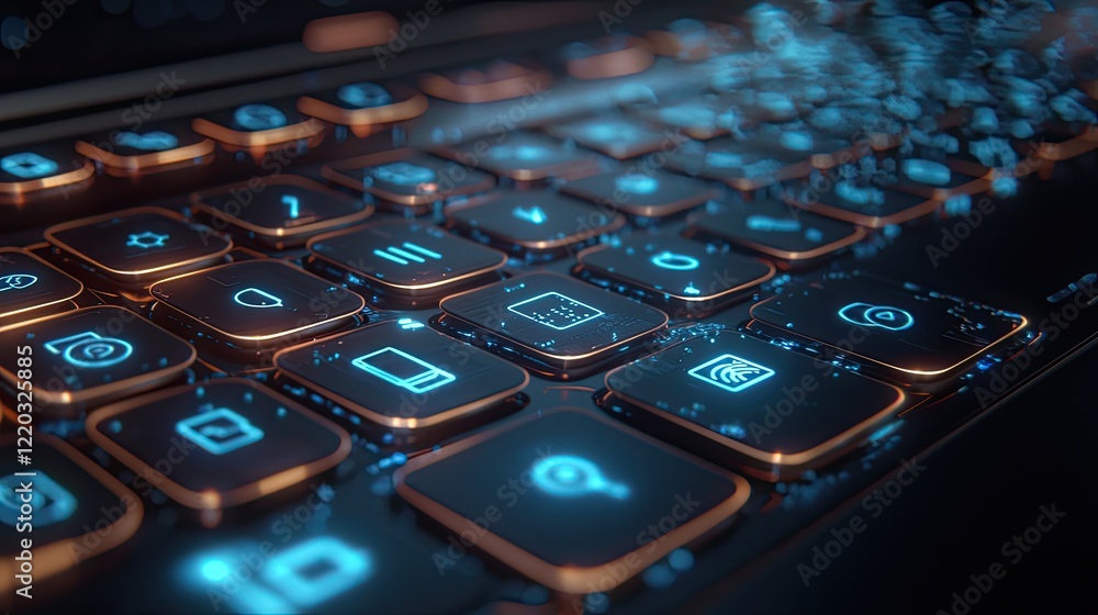 Poster Modern digital security concept showing icons related to protection and privacy above a laptop keyboard, emphasizing the importance of cybersecurity in technology.