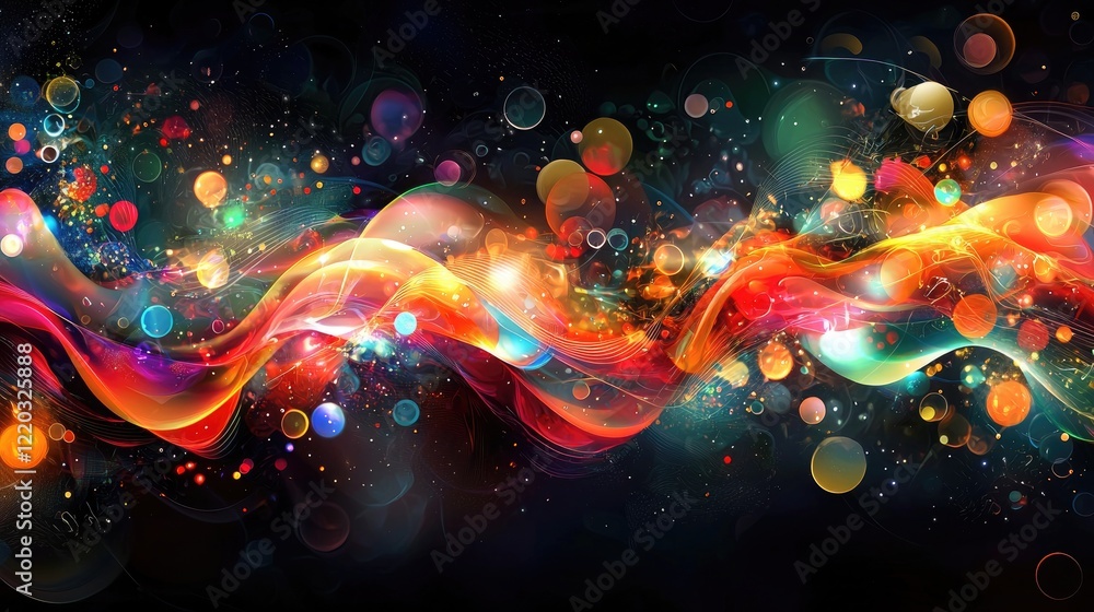 Aufkleber A mesmerizing digital abstract wave filled with colorful dots and lights creates an enchanting visual experience against a dark backdrop, showcasing modern art and techno