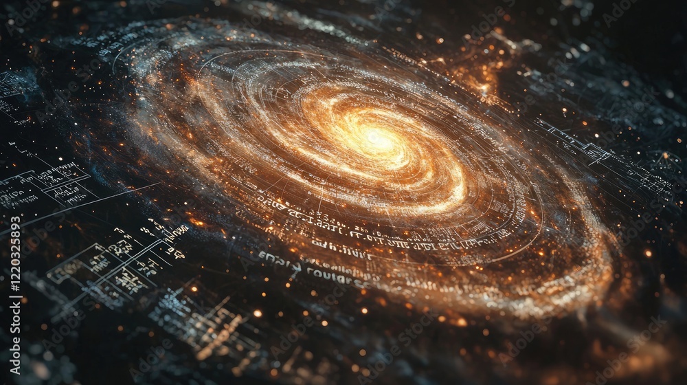 Poster explore the stunning blend of a swirling galaxy enveloped by intricate mathematical formulas, symbol
