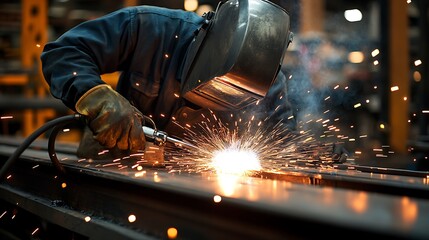 A welder works on metal creating sparks in an industrial environment.
