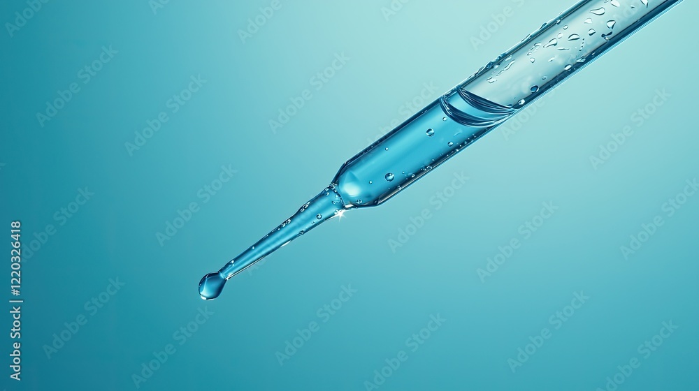 Poster close-up view of a laboratory pipette as it carefully drops a vibrant blue liquid into a clear test 