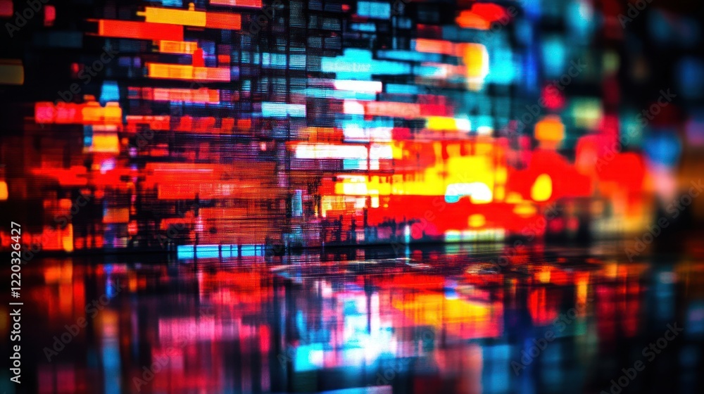 Poster abstract colorful digital data stream reflecting on a surface.