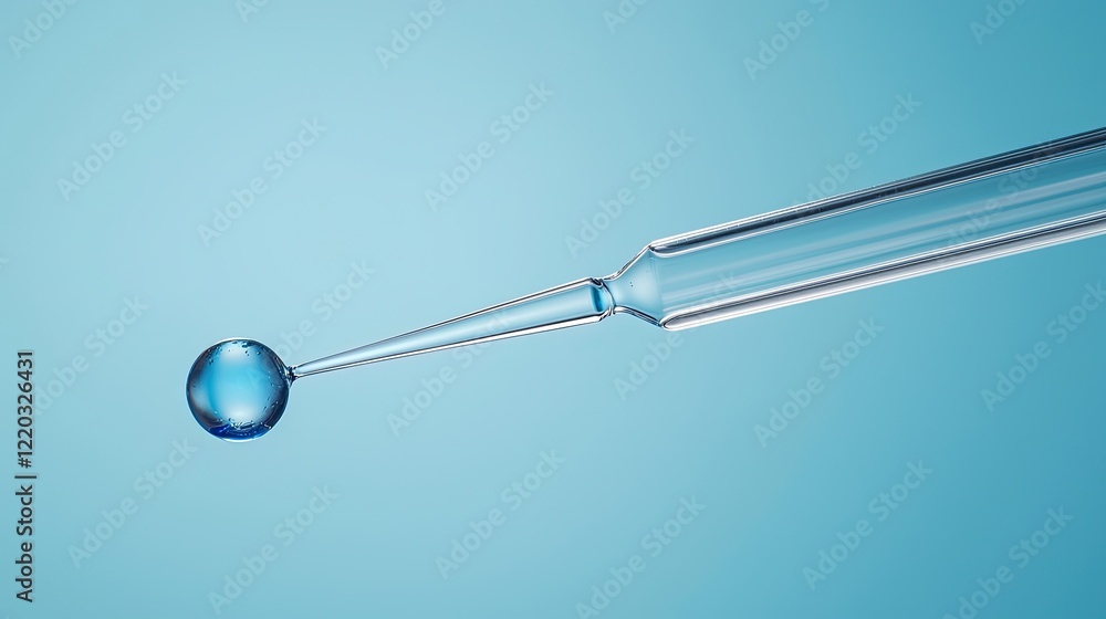 Poster close-up view of a laboratory pipette as it carefully drops a vibrant blue liquid into a clear test 