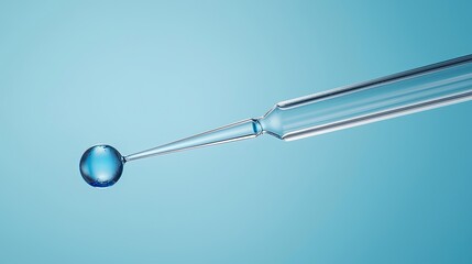 Close-up view of a laboratory pipette as it carefully drops a vibrant blue liquid into a clear test tube, set against a soft-focus blue background, exemplifying precision