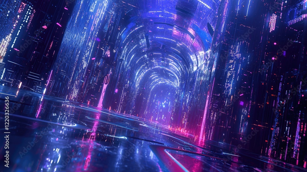 Poster Explore a striking digital landscape showcasing a dynamic flow of glowing lines and abstract patterns in deep blue tones, representing the essence of modern technology an