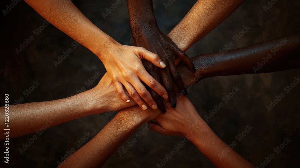 Poster a powerful image capturing diverse hands joined together in support and unity, symbolizing collabora