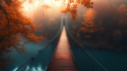 Fototapeta premium Autumnal Suspension Bridge Over Misty River