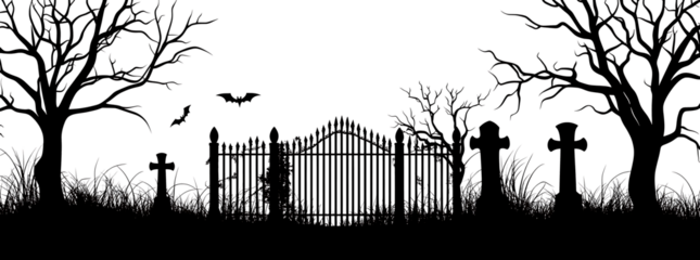 Silhouette of a graveyard gate with dead trees isolated on white background.PNG
